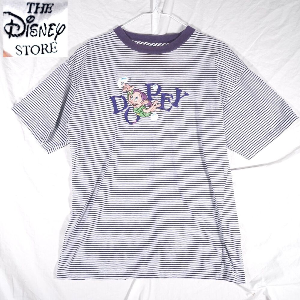 Vintage Disney Store Dopey Dwarf Striped T-Shirt White Purple Y2K 90s Mens Large